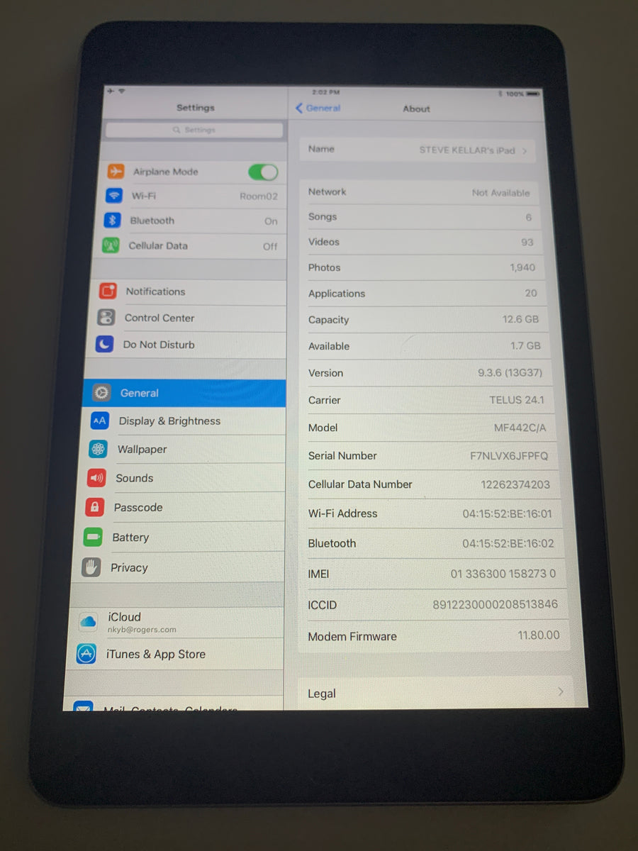 Apple iPad mini Wi-Fi/TELUS/GPS - 1st Gen 7.9in 16GB Space Gray!  Wi-Fi+Cellular!
